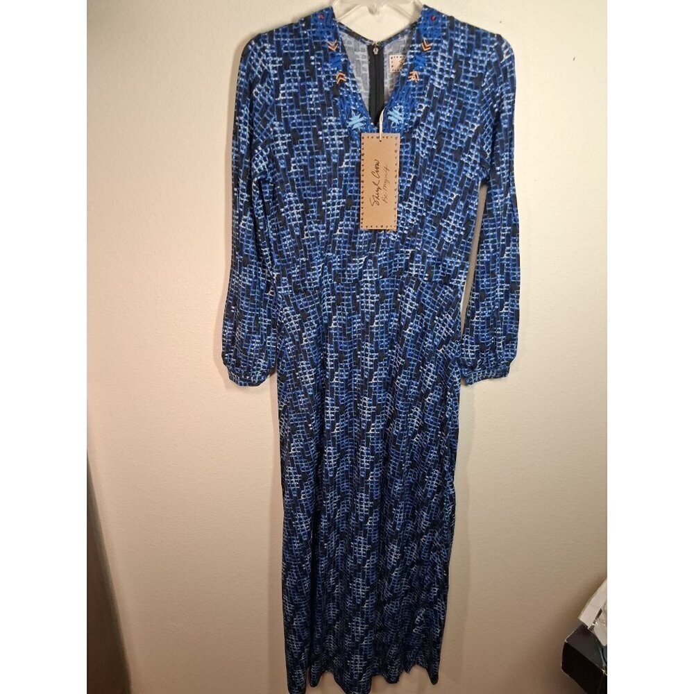 NWT Sheryl Crow Dress Woven Look Embroidered V-Neck Kaftan Maxi Blue Size Small
